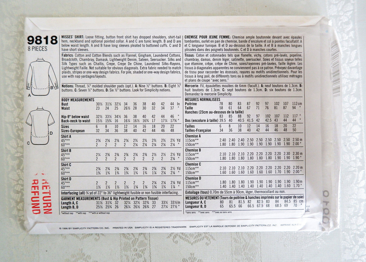 Simplicity 9818, shirt pattern, sizes 12 - 16