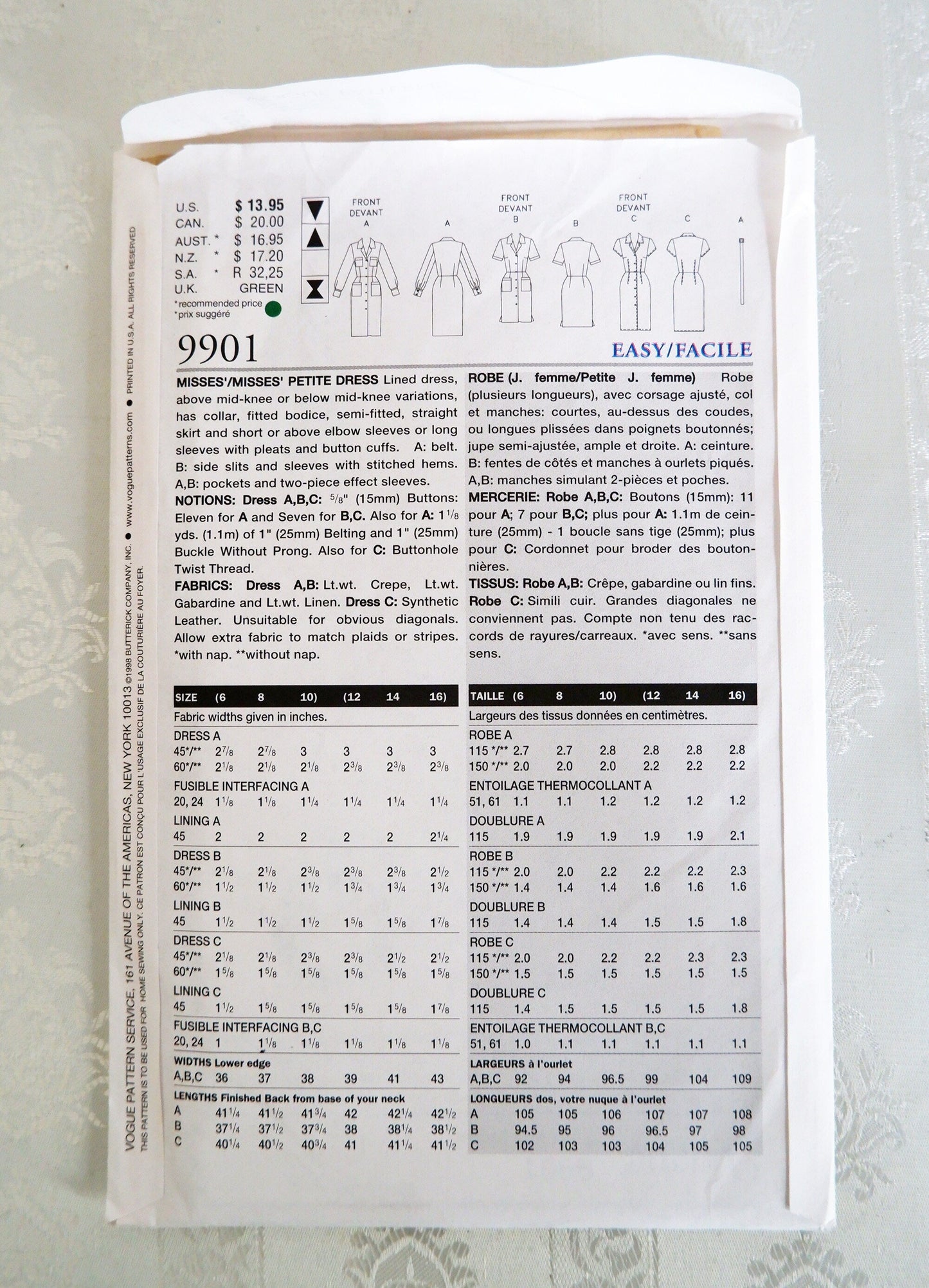 Vogue 9901, dress pattern. Sizes 12 - 16