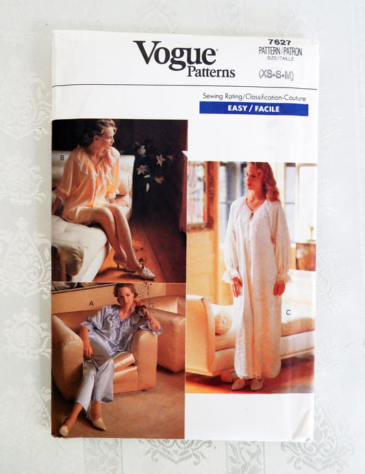 Vogue 7627, nightgown top and pants pattern. Sizes XS - M (6 - 14)