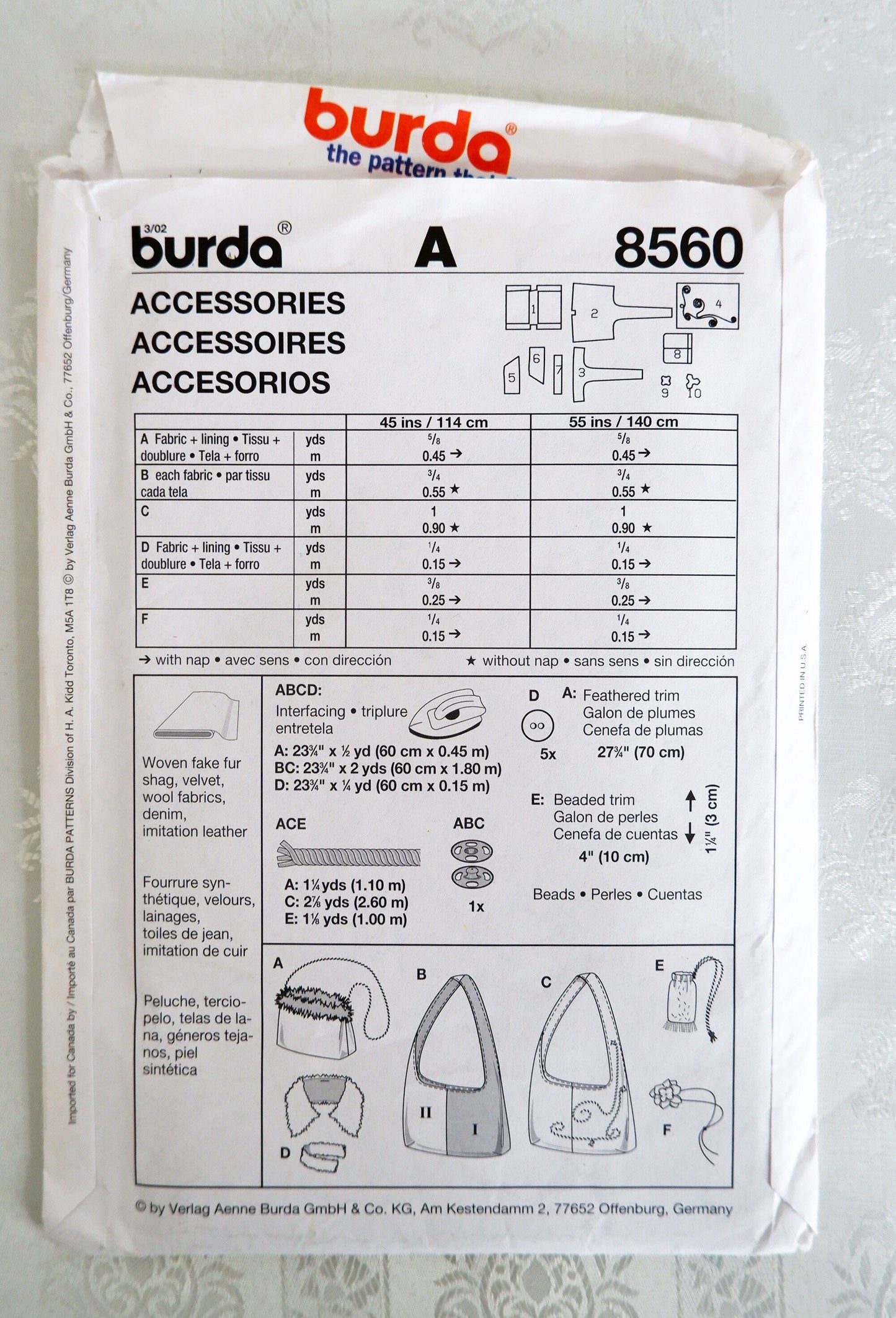 Burda 8560, bags cuffs and floral choker pattern
