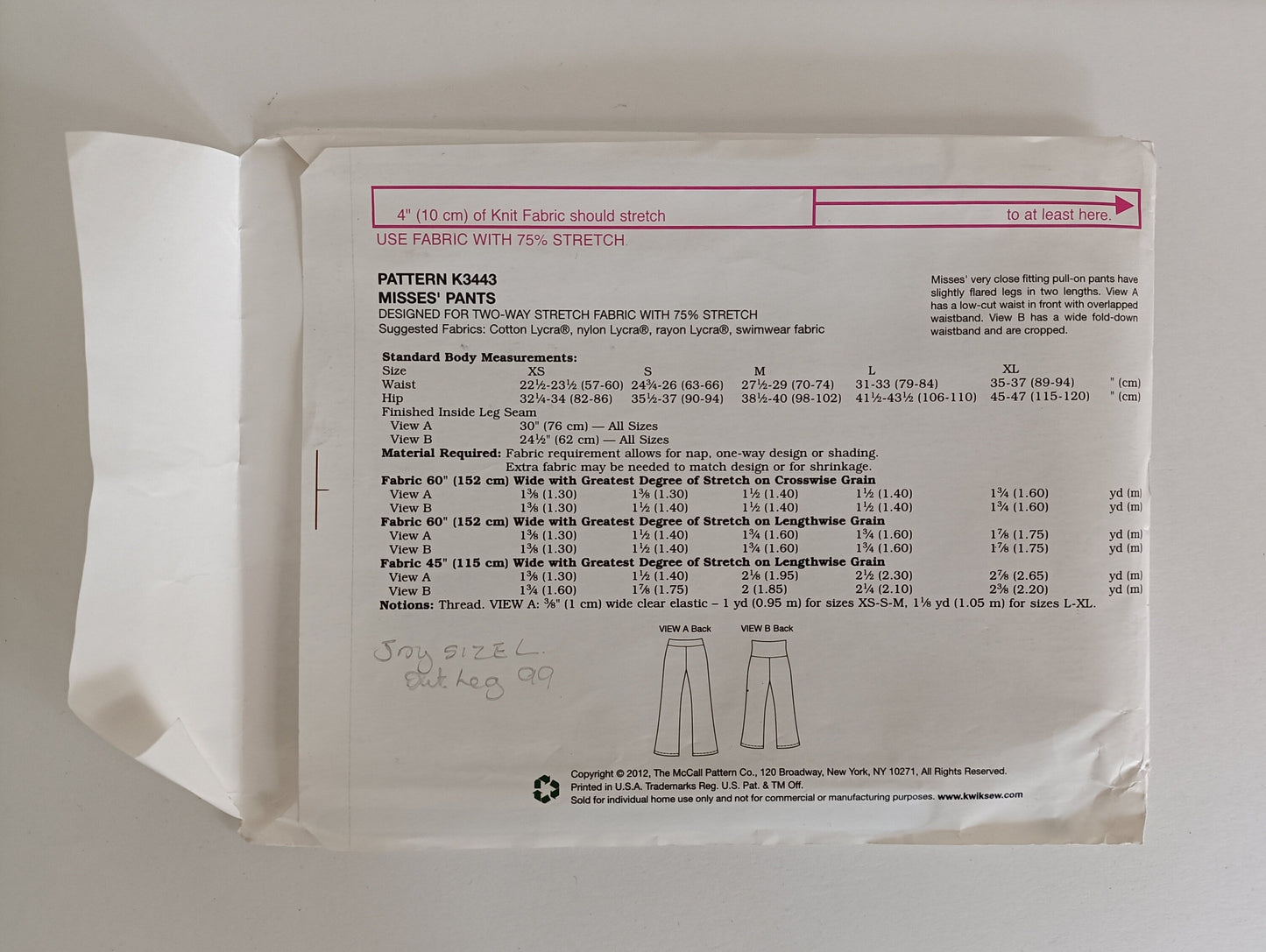 Kwik Sew K3443 misses pants pattern. Sizes XS to XL.