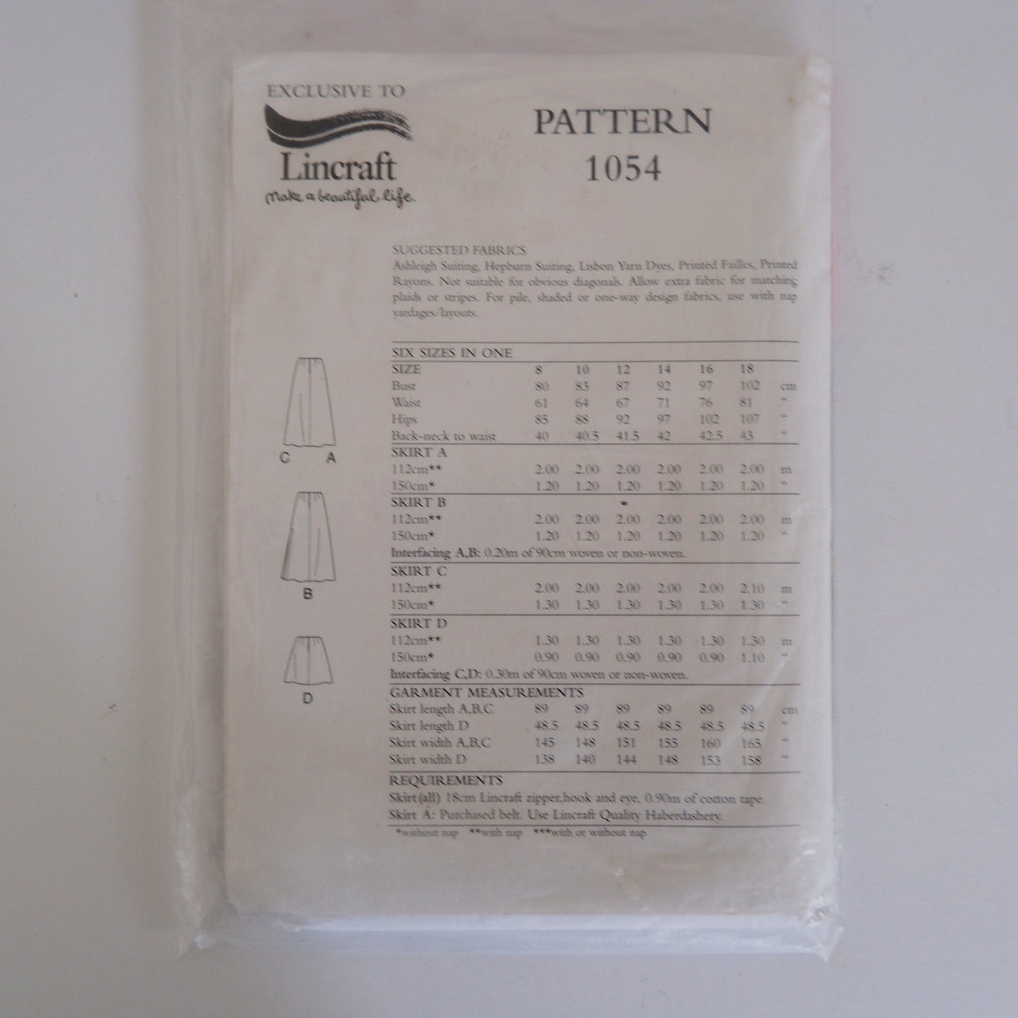 Lincraft 1054 Womens Skirt pattern, sizes 8 - 18