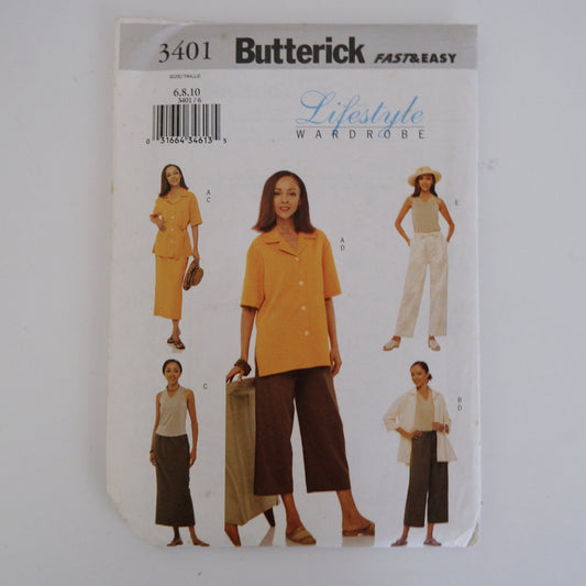Butterick 3401, Misses' petite shirt top skirt and pants pattern, Sizes 6 - 10